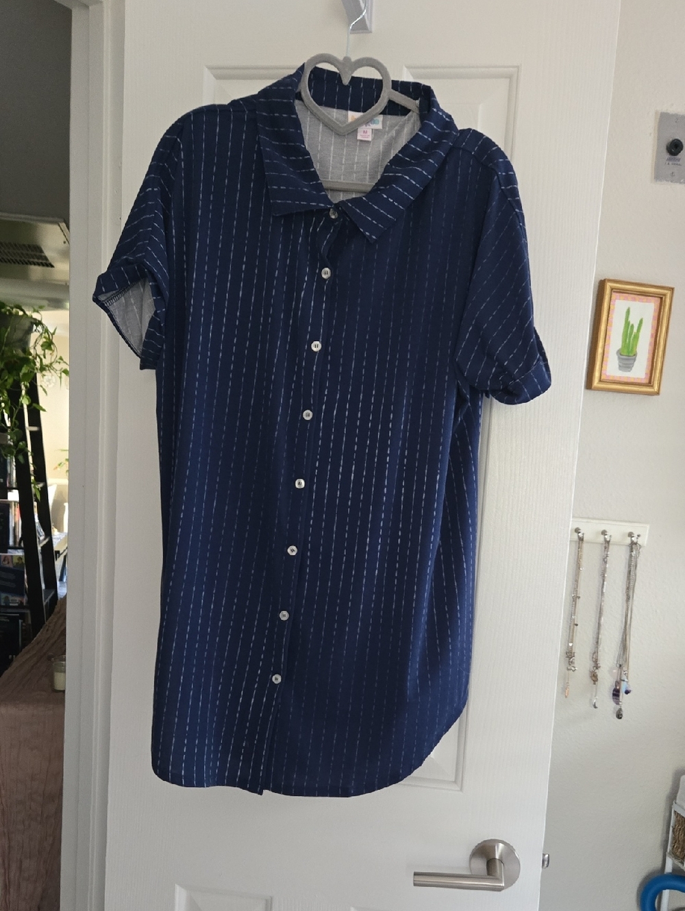 LuLaRoe Navy Blue Short-Sleeve Button Down Charlie Shirt - Med